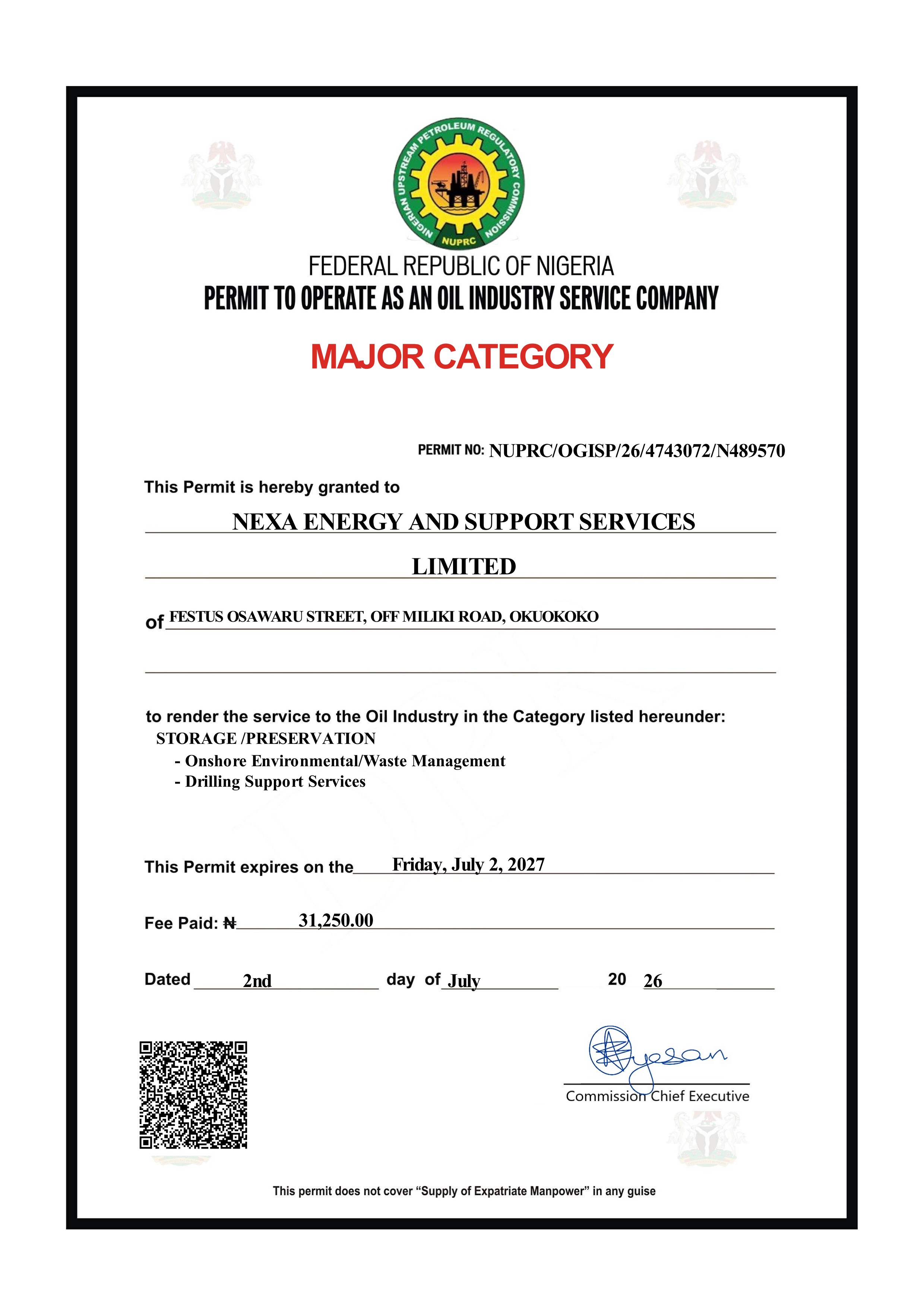 Onshore Waste Management Certificate
